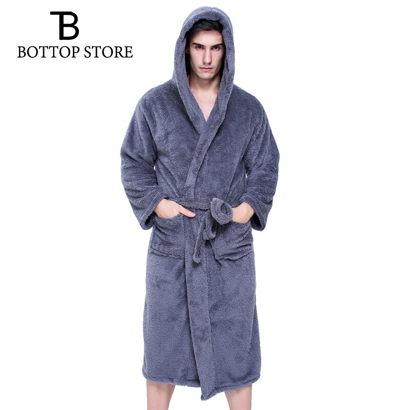 Men Coral Fleece Long Bath Robe Man Sleeping Robe Warm Bathrobe Sleepwear Male Pajamas Night Dressing Gown Pyjamas XXL: Gray / L