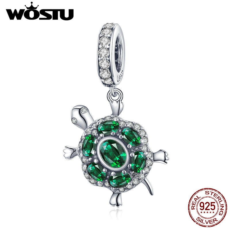 WOSTU 100% 925 Sterling Silver Green Turtle Charm Fit Bracelet & Necklace Pendant Lovely Animal Jewelry CQC1017