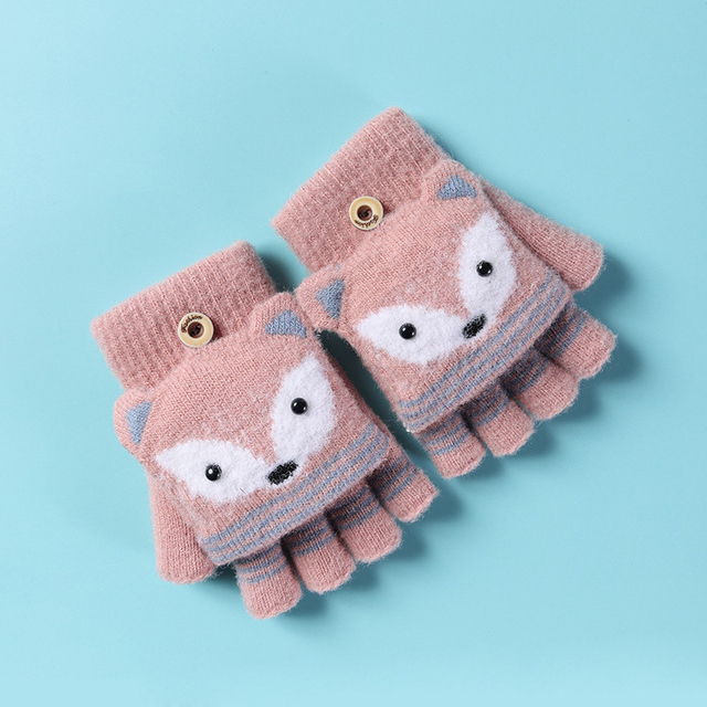 Kinderen Winter Gebreide Convertible Handschoenen Kerst Cartoon Vos Warme Zachte Gevoerd Flip Top Vingerloze Wanten Baby Handschoenen 6-10T: pink