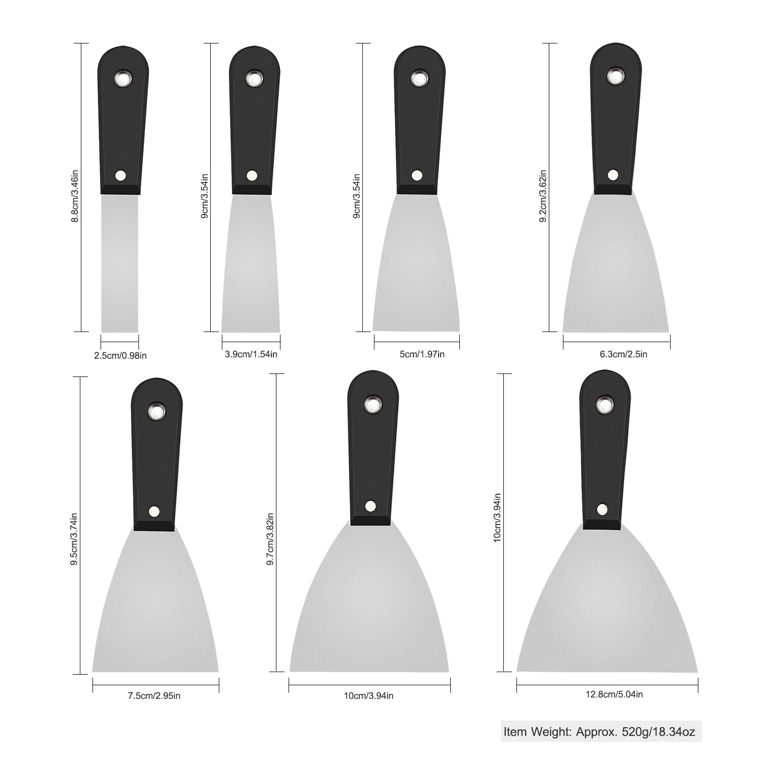 PENGGONG 7Pcs Portable Putty Knife Set Multiple Specification Paint Shovel Wall Putty Scraper 1 inch to 5 inches 0102