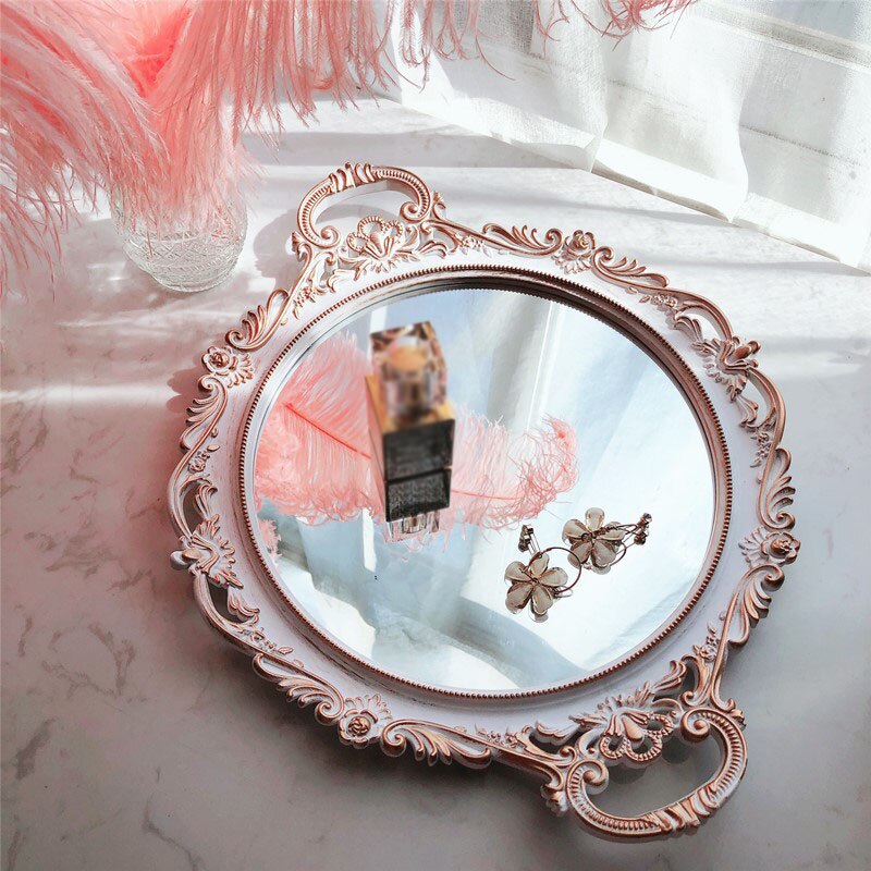 retro Geschnitzte Spiegel Fach Französisch Luxus Goldene Runde Tee Tablett Kosmetik Schmuck einstellen hoch Fotografie Requisiten Moderne Dekoration