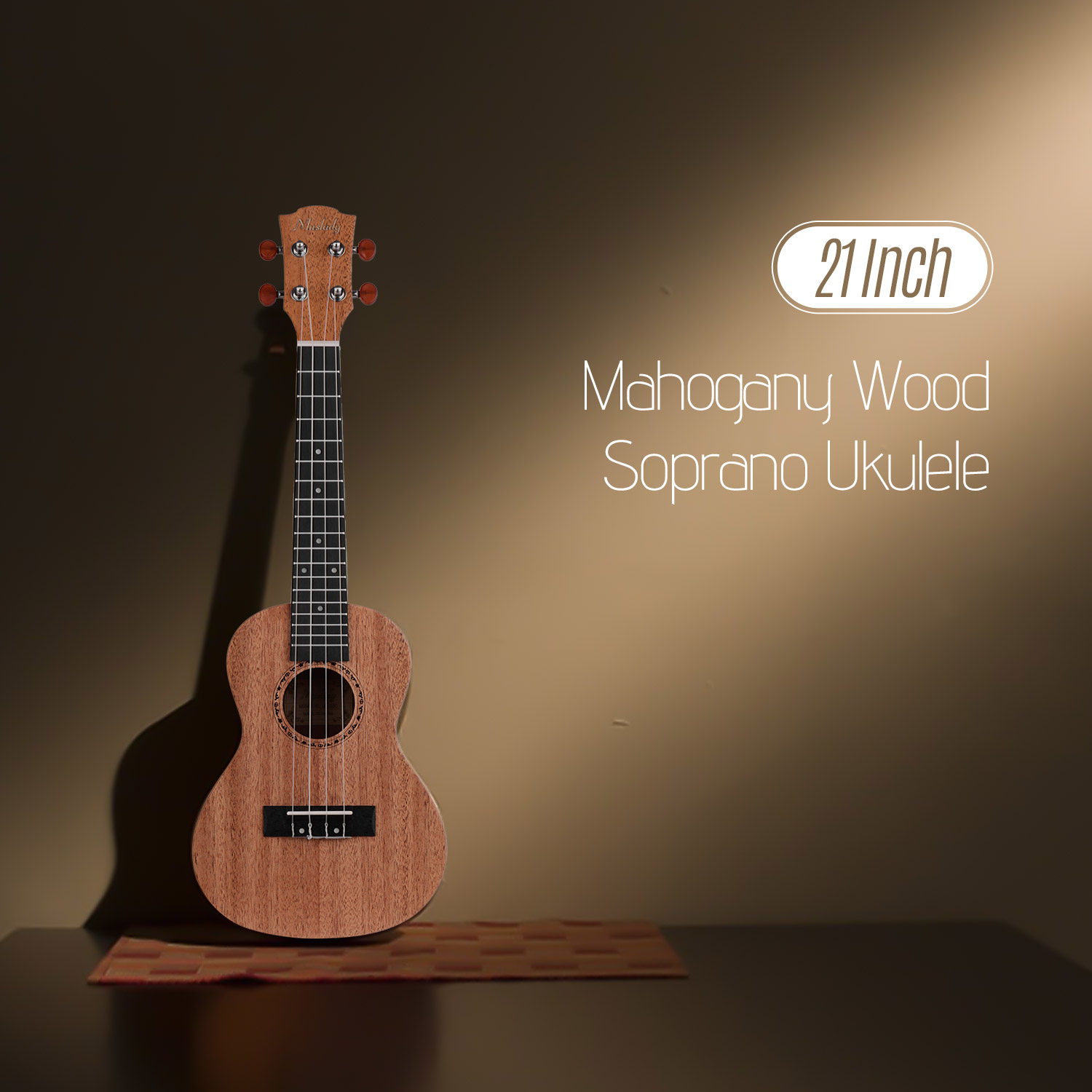 Muslady 21 Inch Soprano Ukulele Ukelele Mahogany Plywood Uke Strap Strings Clip-on Tuner Cleaning Cloth Capo 3pcs Picks with Bag