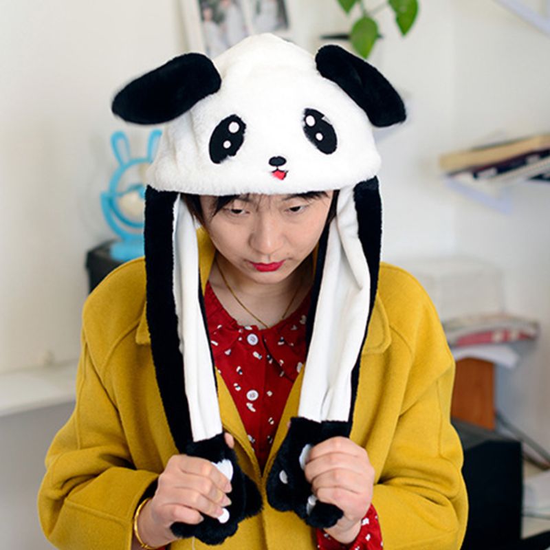 Barn vuxen kort plysch söt 3d tecknad panda djurhatt med rörliga öron dubbla krockkuddar tassar varm öronlock lock leksak fest rekvisita