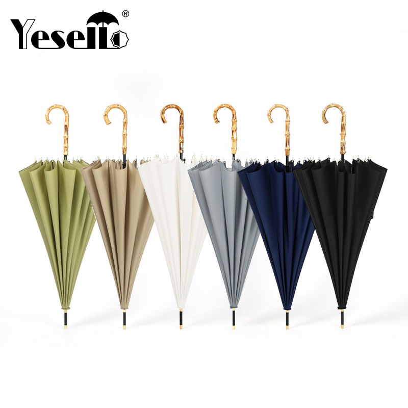 Paraguas de lluvia largo y fuerte con mango de bambú Yesello para hombres y mujeres, Parasol de estilo japonés de fibra de vidrio de 16K