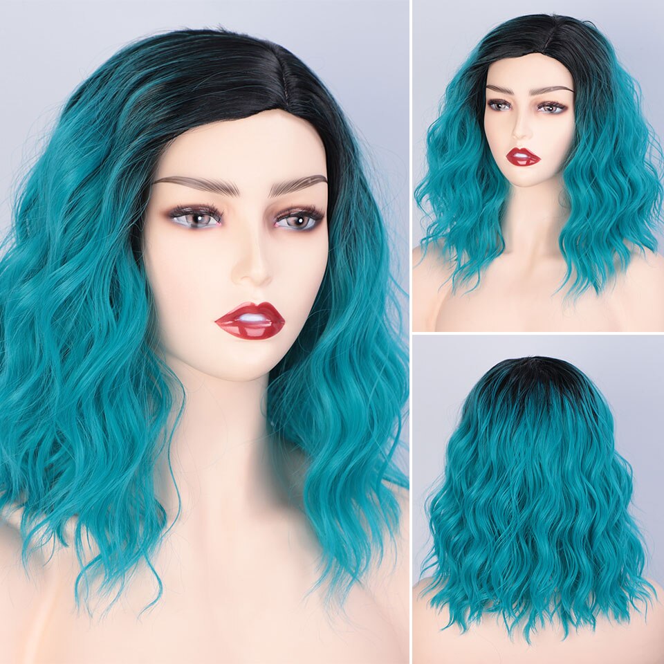 AISI QUEENS Water Wave Short Synthetic Wigs for Women Ombre Black and Purple Cosplay Bob Wig Blue Red Grey Pink Wig: blue