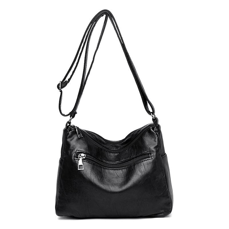 Retro women's bag double zipper shoulder bag soft leather handbag simple messenger bag trend multi-pocket bag