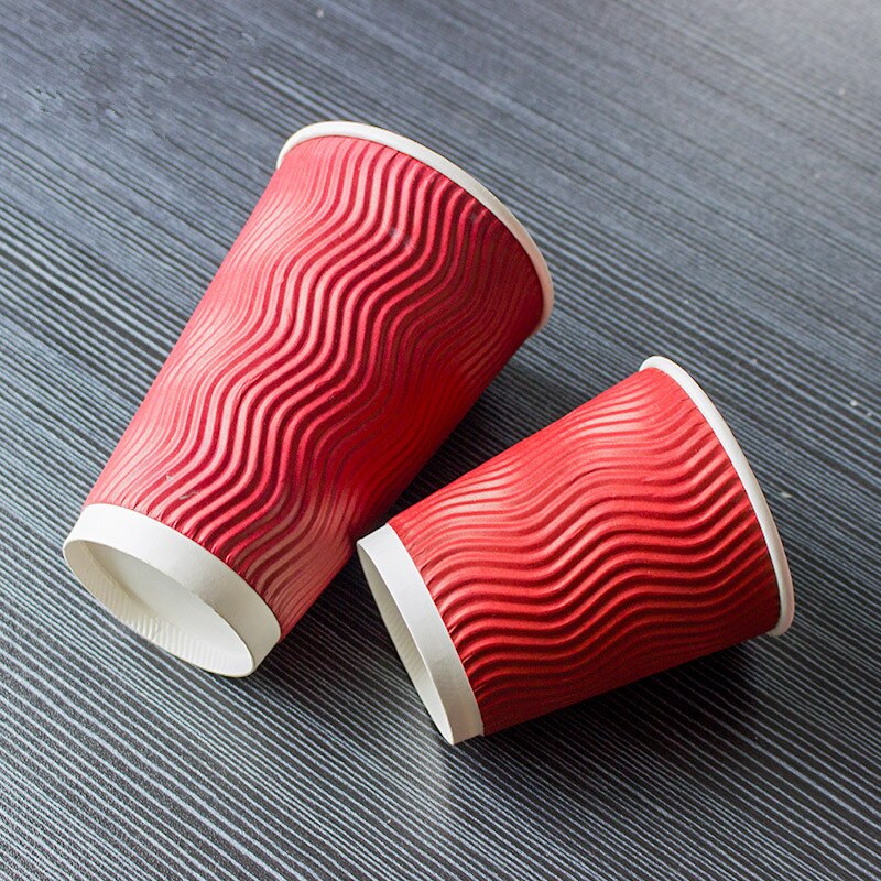 50Pcs Red Gegolfd Anti-Brandwonden Isolatie Dik Papier Cup 400Ml Wegwerp Koffie Sojamelk Drink Verpakking cups Met Deksel