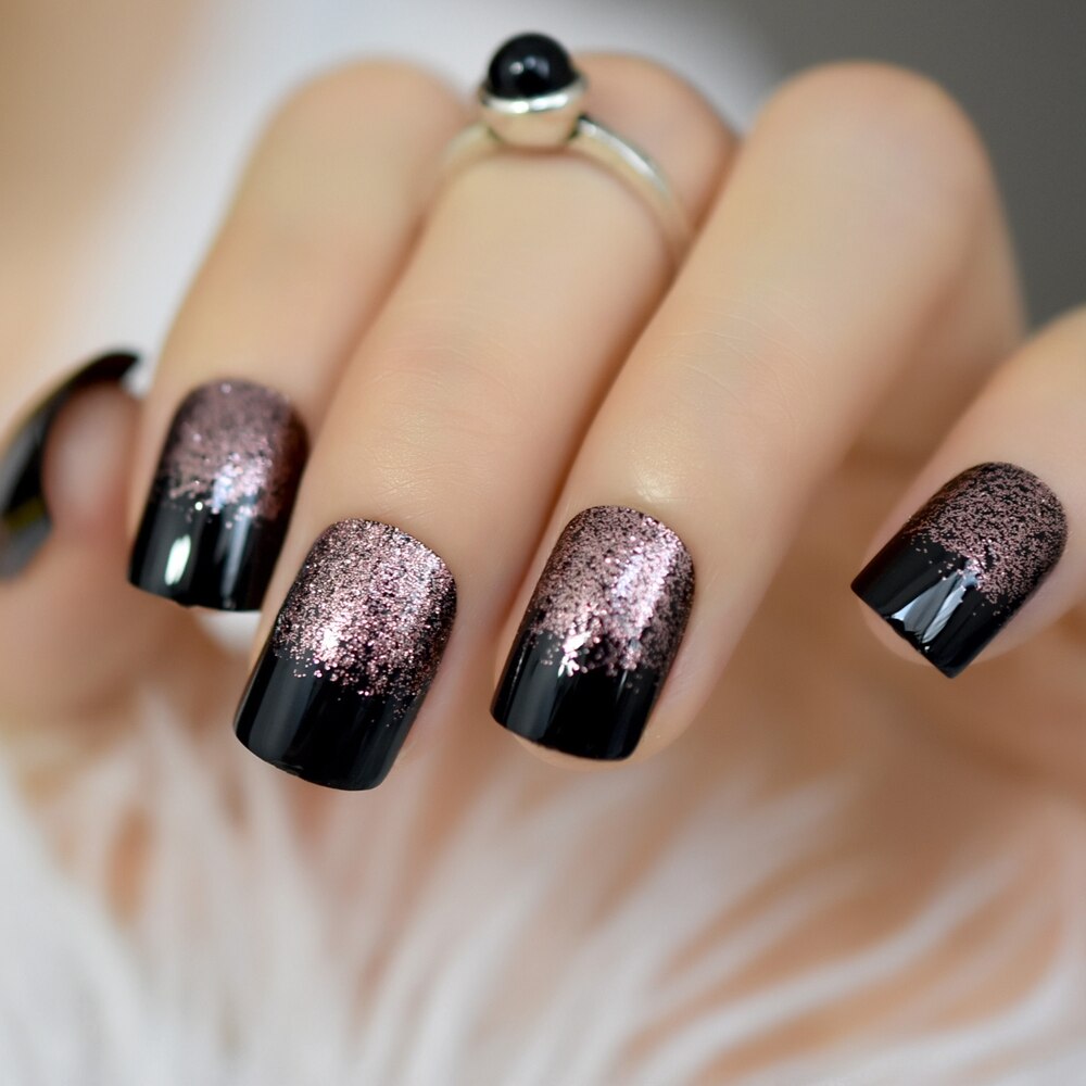 Zwart Ombre Franse Nagels Sharp Ending Acryl Nail Tips Glitter Gel Cover Gradiënt Wees Nagels Valse met Lijm Tabs: Z921