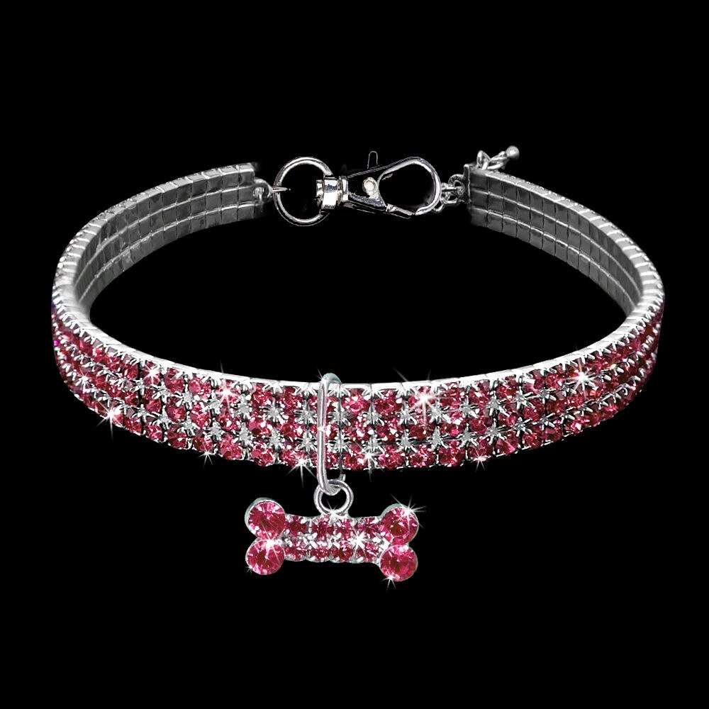 1 stk diamant kæledyr hundehalsbånd glitter skinnende justerbar ensfarvet rhinestone pet choker enkel hvalp: Lyserød / M