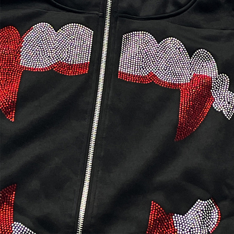 Otoño Punk Y2k gótico Grunge diamantes de imitación dientes Zip Up sudaderas con capucha de manga larga abrigo sudadera chaqueta ropa de calle