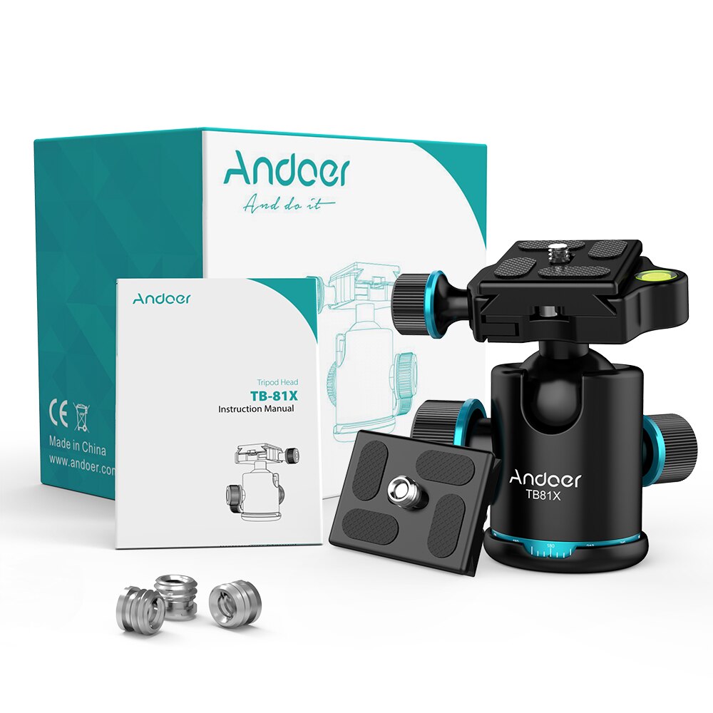 Andoer tb81x cabeça de bola tripé rotativo panorâmica ballhead alumínio com 1/4 "a 3/8" adaptadores srew para monopé dslr câmera