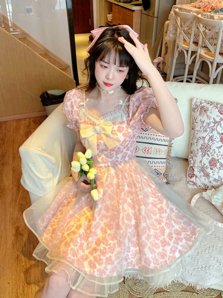 HOUZHOU Pink Floral Dress Women Sweet Cute Bow Mesh Patchwork Fairy Dresses Princess 2022 Summer Kawaii Streetwear