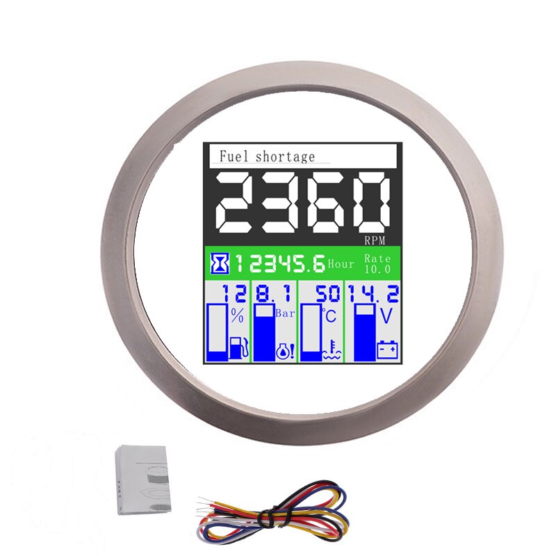 5 in 1 båd bil digital måler 0 ~ 190 ohm brændstof niveau måler vand temp olietryk omdrejningstæller 0 ~ 10 bar med alarm til 9 ~ 32v: Hvid sølv