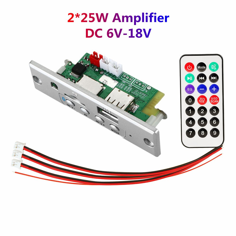 2*25W 50W Amplifier MP3 Player Decoder Board 6V-18V Bluetooth 5.0 Car FM Radio Module Support TF USB AUX: sky blue