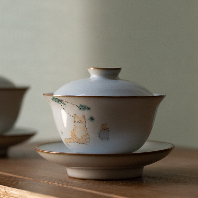 160ML Keramik Gaiwan Nette Katze Porzellan Terrine Chinesische Alte Glasur Jingdezhen Teaset Teekanne Schüssel für vielfältige Tee Porzellan