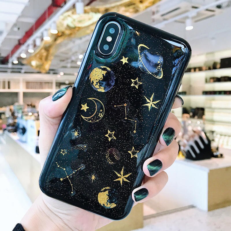 Luxe Glitter Leuke Space Planeet Telefoon Case Voor iphone X XR XS Max Clear Zachte Siliconen Star Back Cover Voor iphone 6 6 S 7 8 Plus: For iphone 6 6S / Black