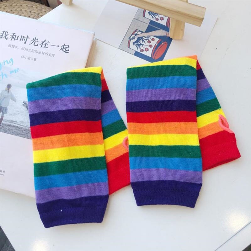 Cotton Fingerless Gloves Striped Pattern Arm Sleeves Anti-sunburn Elbow Length Cute Halloween Costume Rainbow Color