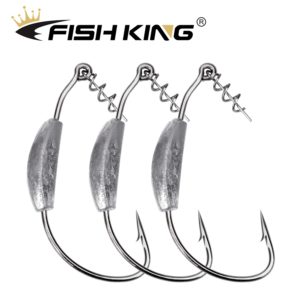 FISH KING 5Pcs Offset Fishing Hooks 2g-7g Weighted Crank Hook Soft Baits Barbed Hook Jig Worm Hook for Texas Rigs Fishing Tackle