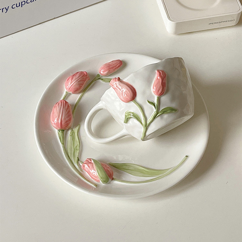 Tulip Ceramic Cutlery Cup Bowl Dessert Plate Embossed Three-dimensional 6inch Bowl Salad Bowl Milk Mug Home Dinnerware Set 1pcs