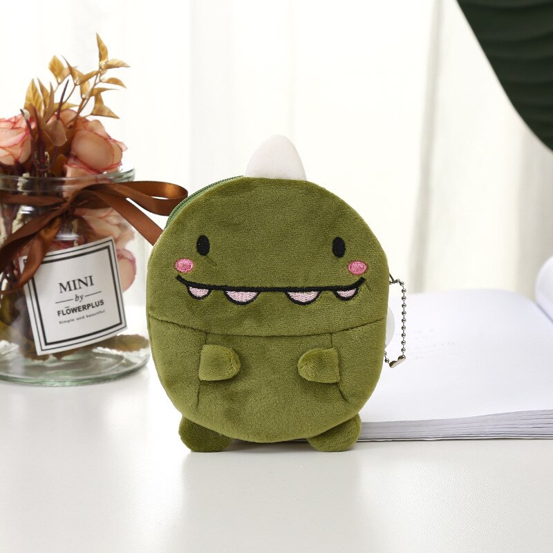 Soft Plush Cartoon Rabbit Bear Women Coin Purse Mini Cute Oval Zipper Children Girl Coin Wallet USB Cable Headset Bag: Green Dinosaur A