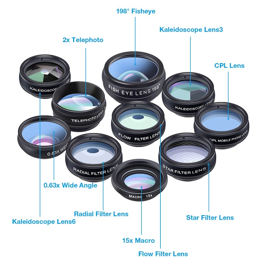 10in1 Phone Camera Lens Kit Fisheye Wide Angle Telescope Macro Mobile Lenses For iPhone Samsung Redmi 7 Huawei Cell Phone