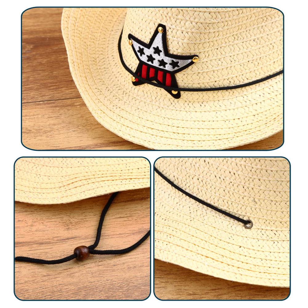 Stylish Children Kids Western Cowboy Straw Sun Hat Wind-proof Cap Summer Big Wide Brim Sunbonnet with Star Decoration