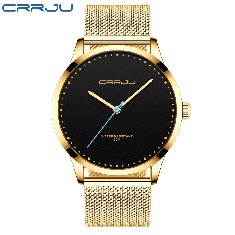 Relogio Masculino CRRJU zegarek dla mężczyzn czarna duża tarcza Casual zegarki kwarcowe unikalne proste zegarki sportowe Mesh wodoodporny zegarek: golden black