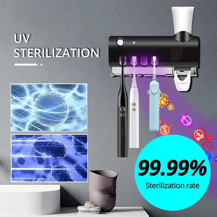 Household Ultraviolet Lamp UV Toothbrush Sterilizer 4 in 1 PIR Motion Sensor UVC Disinfection Lights Auto Toothpaste Squeezers