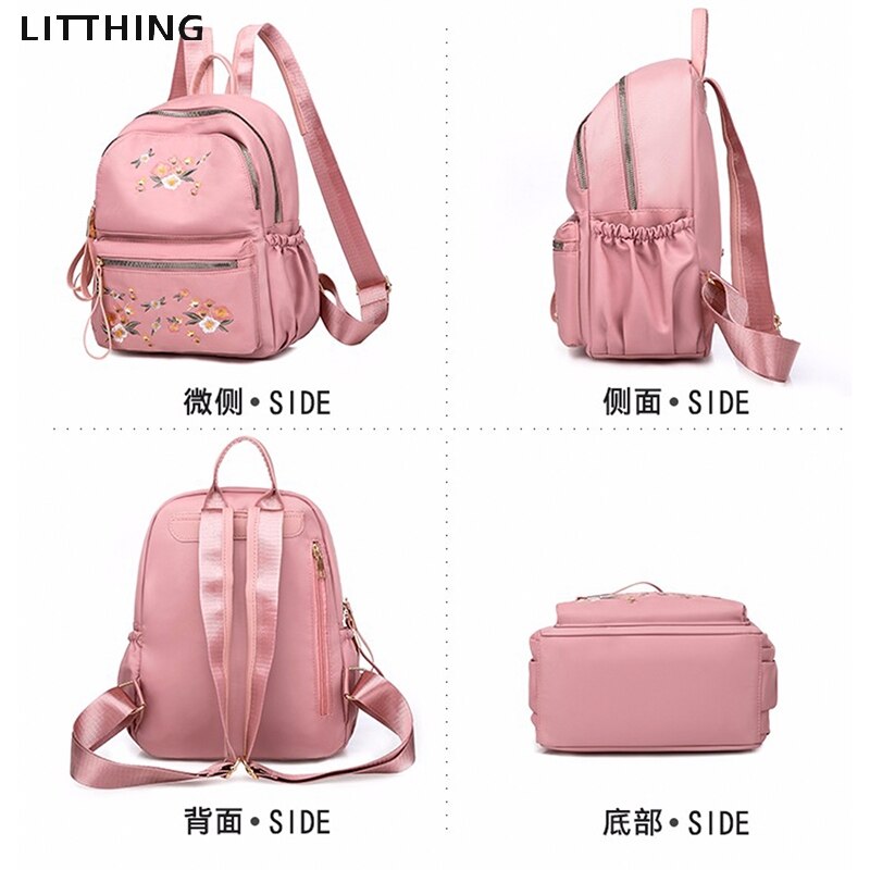 Litthing Waterproof Nylon Women Backpack Zipper Oxford School Bags For Girls Flower Embroidered Backpack Female Rucksack