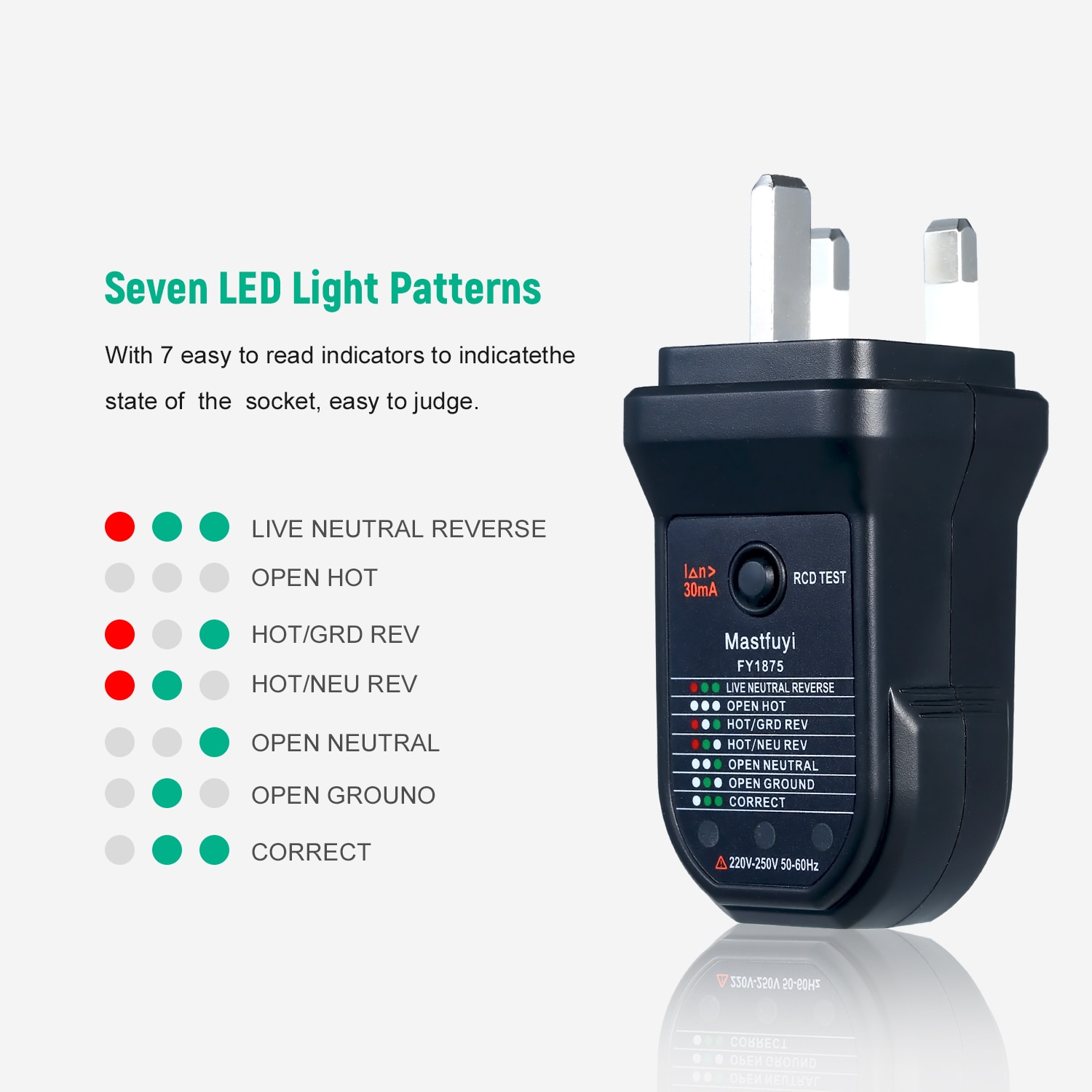 RCD Electric Socket Tester Automatic Neutral Live Earth Wire Electric Circuit Polarity Detector W/ 7 LED Light Leakage Test