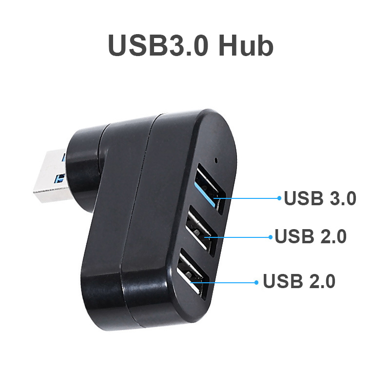 HUB USB 2.0 OULLX 180 ° Przedłużacz adaptera obrotowego Mini rozdzielacz 1 do 3 portów Szybkie USB 2.0 do komputera PC Laptop: Black