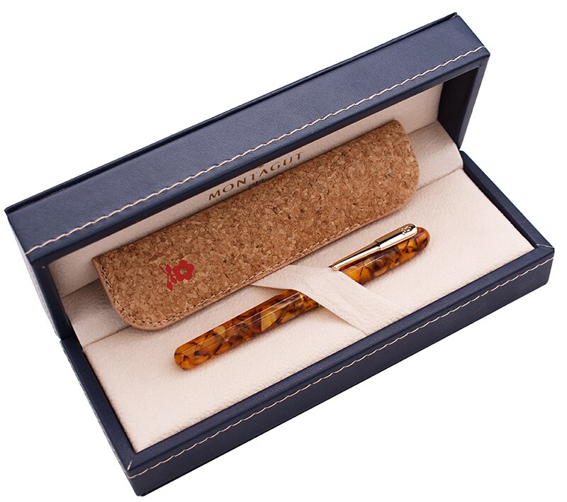 Montagut celluloïd Mini stylo plume jaune-érable poche taille pince dorée Iridium Fine plume 0.5mm écriture stylo: With Pen Bag and Box