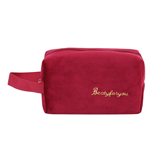 PURDORED 1 Pc Solid Color Cosmetic Bag Soft Velvet Women Make Up Bag Travel Makeup Storage Organizer Toiletry Wash Bag Neceser: L red