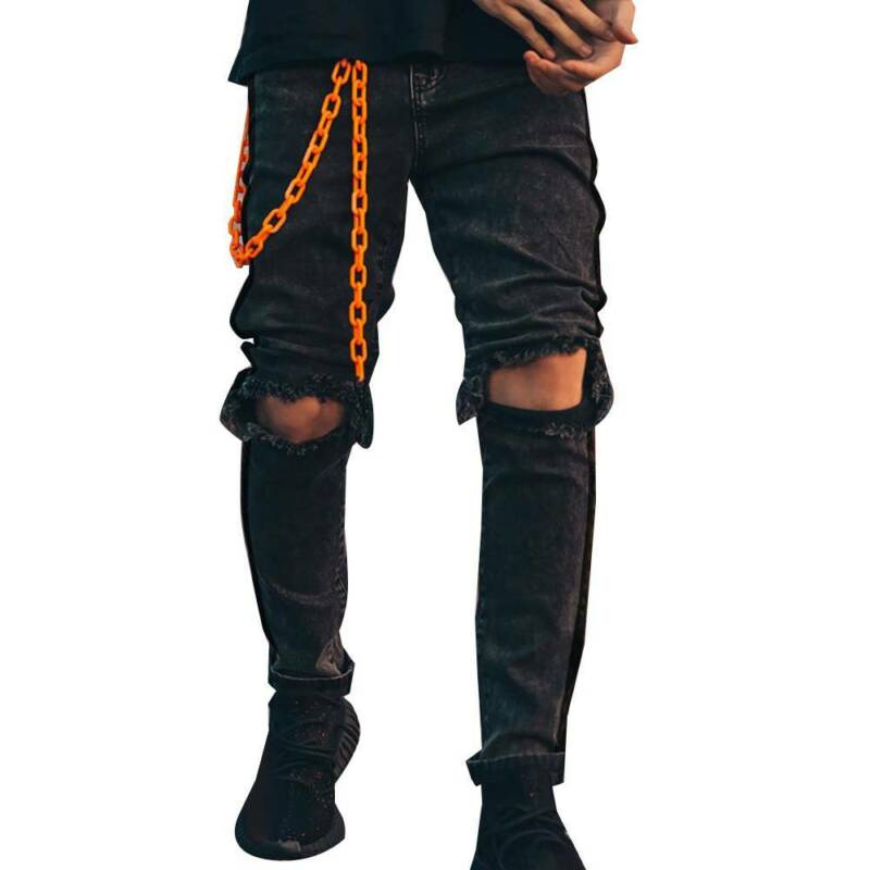 Männer Dünne strecken gerissen Jeans Knie See schlank passen Denim Hosen Casaul Mens Dünne Jeans Hosen Schwarz Plus Größe: M
