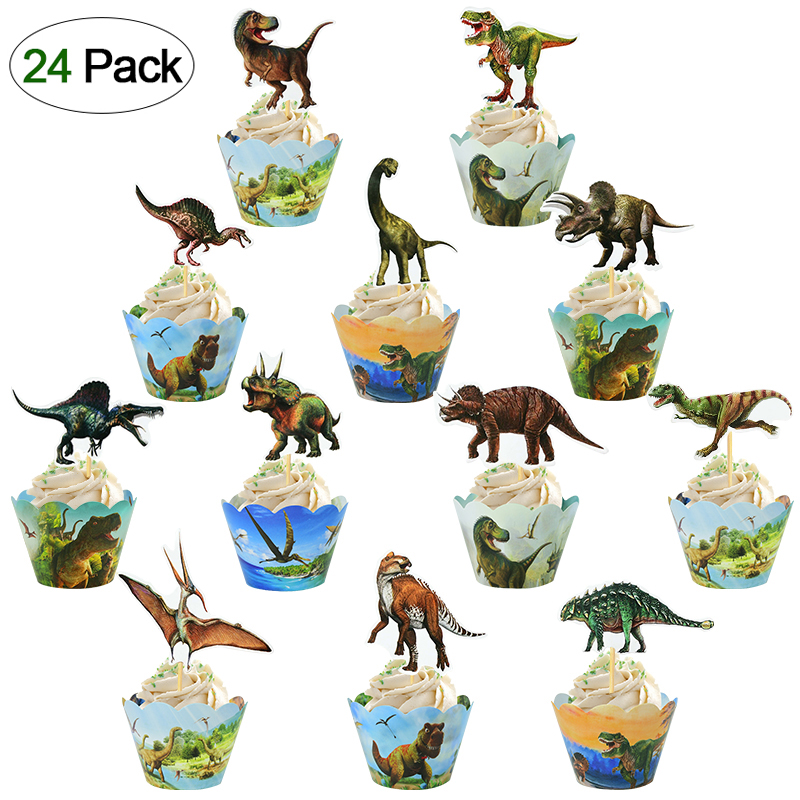 24 Uds. Envoltorios para cupcakes de dinosaurios, adornos para pasteles, tema de dinosaurio para niños, animales de la selva, suministros de decoración para pasteles de de cumpleaños