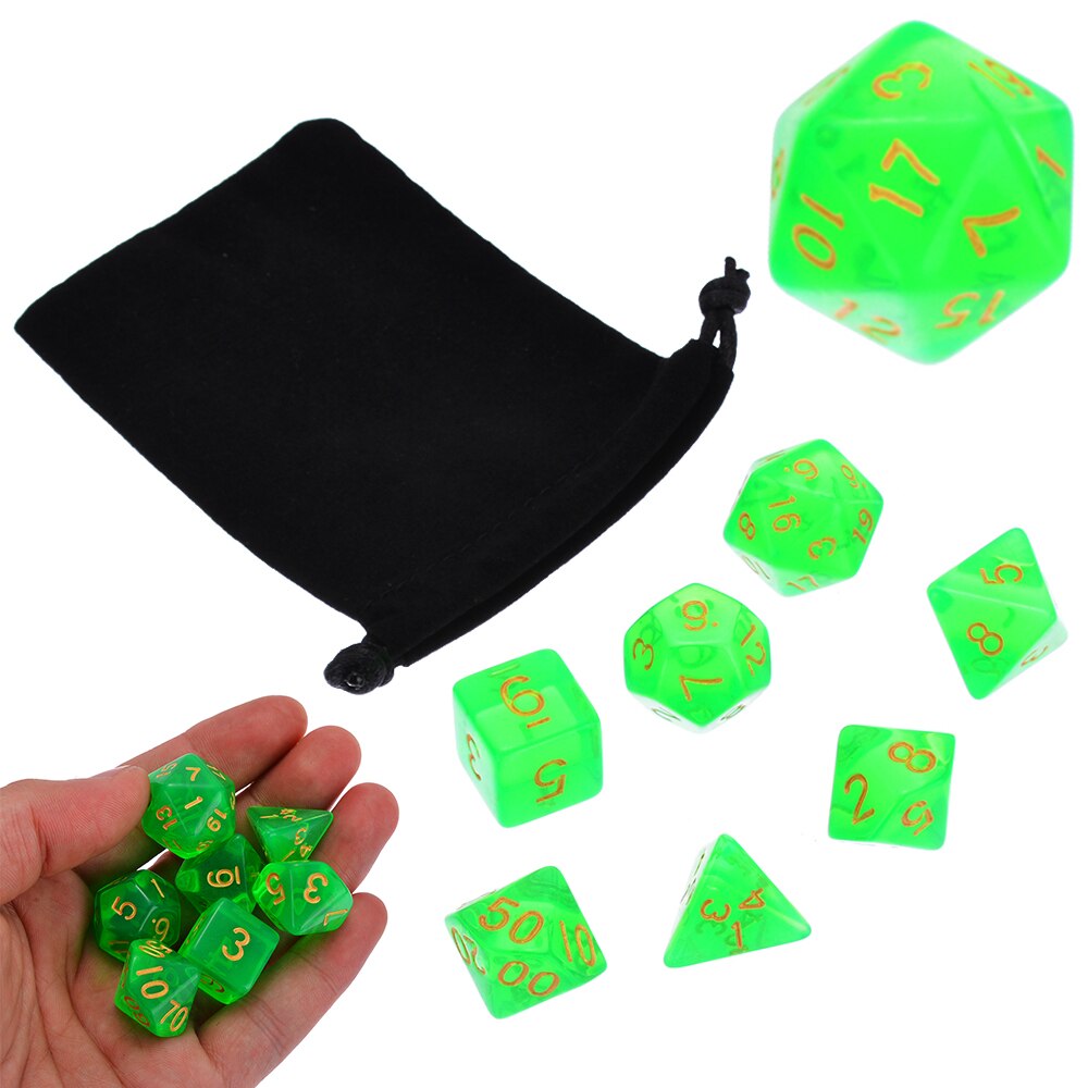 Style 7Pcs/set Green Translucent Polyhedral Dices Set For RPG DND Game Dice Set with Dice Bag