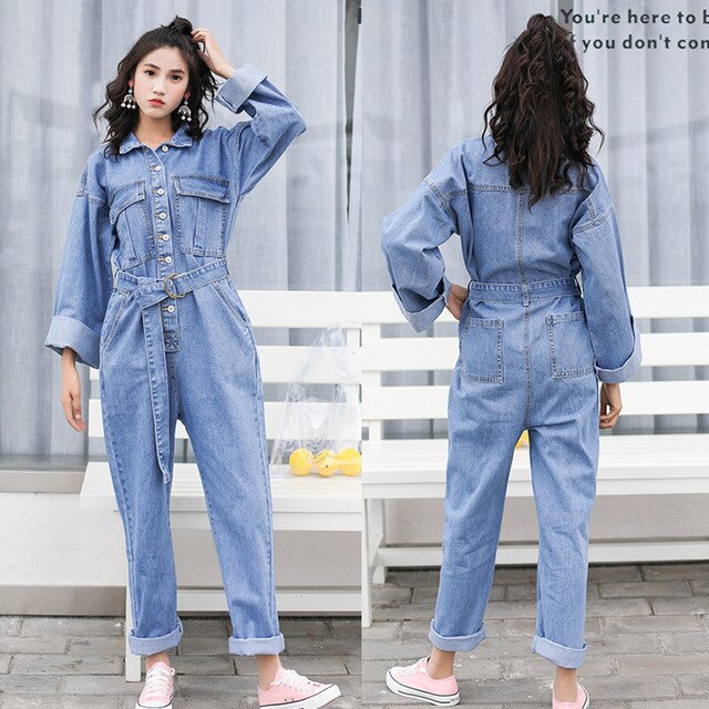 Dames denim jumpsuit romper lange mouw dames losse revers enkelrijs jeans jumpsuit dames denim broek wijde pijpen overalls