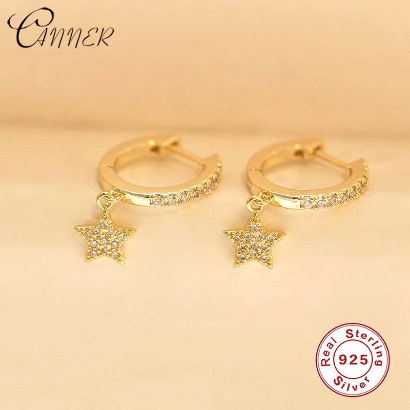 CANNER 925 Sterling Silver Dangle Earring for Women Cartilage Star Earrings Micro Paved CZ Round Circle Earrings