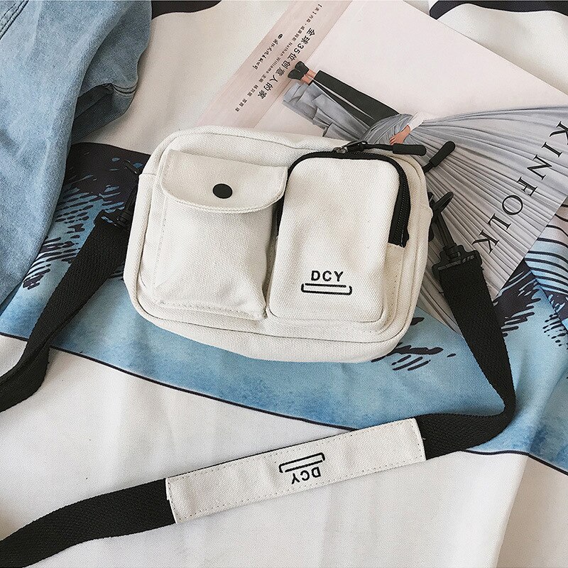 Simple classique toile sacs pour femmes nouveauté femmes moraillon couleur unie de base femme lettres sacoche à fermeture éclair: WHITE