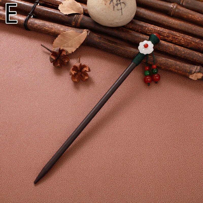 Paletas de madeira estilo chinês, bastão de cabelo artesanal, vintage, com flor, para mulheres, étnicas, acessórios para cabelo: E