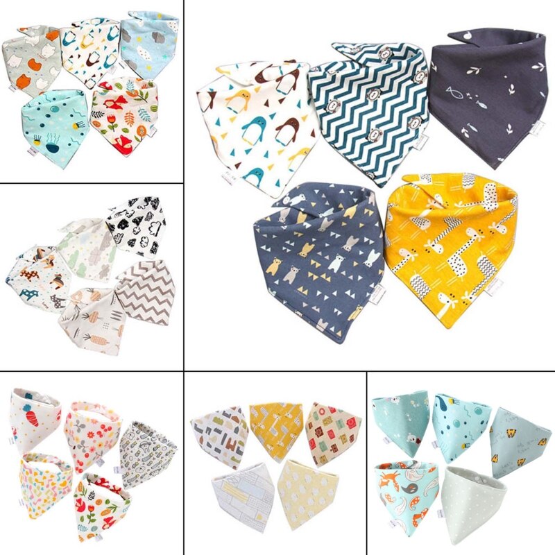 5 Pcs/Pack Baby Cotton Feeding Bibs Cartoon Print Bandana Saliva Triangle Dribble Towel Apron Infant Scarf