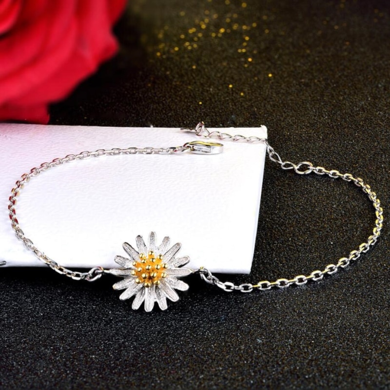 Korea Fresh Simple Flower Wild Chrysanthemum 925 Sterling Silver Temperament Female Trendy Resizable Bracelets SBR024