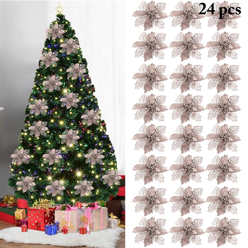 24 Stks/set Kerst Bloemen Ornament Mode Glitter Faux Xmas Bloem Feestartikelen Kerstboom Decor Accessoires