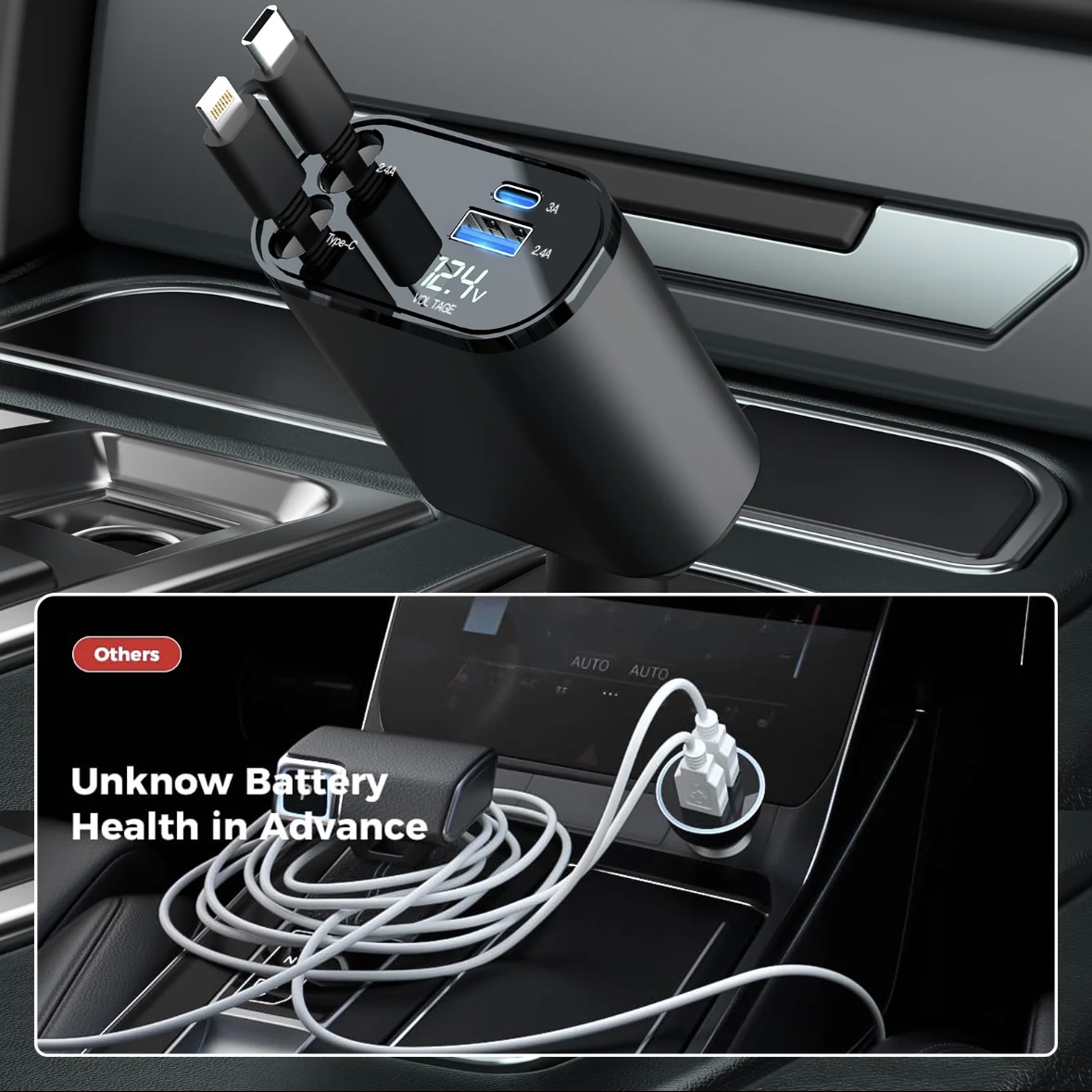 4-in-1 telescopic car charger, suitable for iPhone and Android, durable mobile device charger, automotive accessories