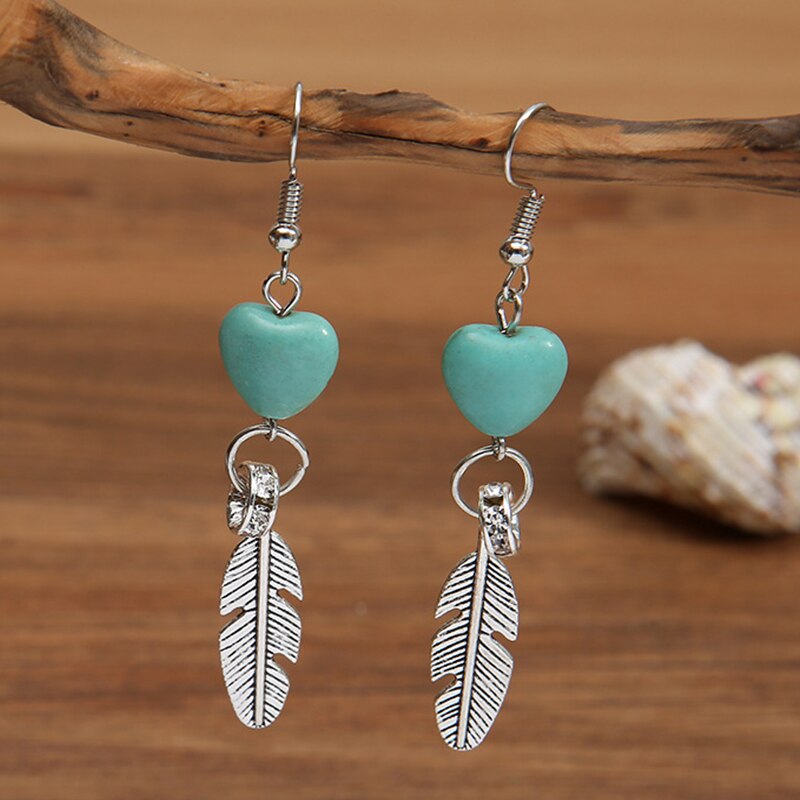 European and American Retro Earrings Heart-Shaped Turquoise Feather Earrings Vintage Women&#39;s Alloy Jewelry Accessories: Default Title