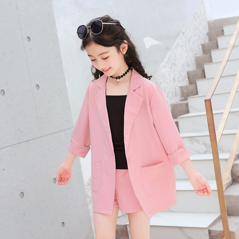 3Pcs Meisjes Pakken Kids Blazer Jacket + Vest + Shorts Outfits Kinderen Smoking Pak Voor Meisjes Blazer Wedding Party roze Grijs Kleur: Roze / 13