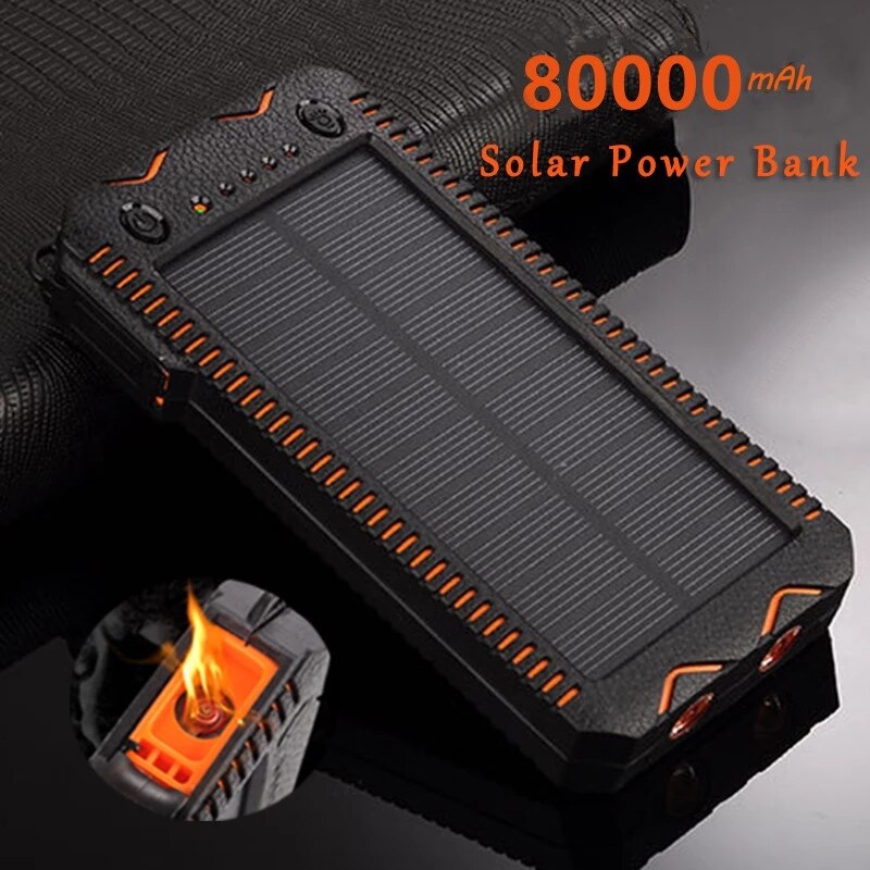 80000mah banco de energia solar de alta capacidade de carregamento do telefone power bank com isqueiro duplo usb carregador de emergência ao ar livre