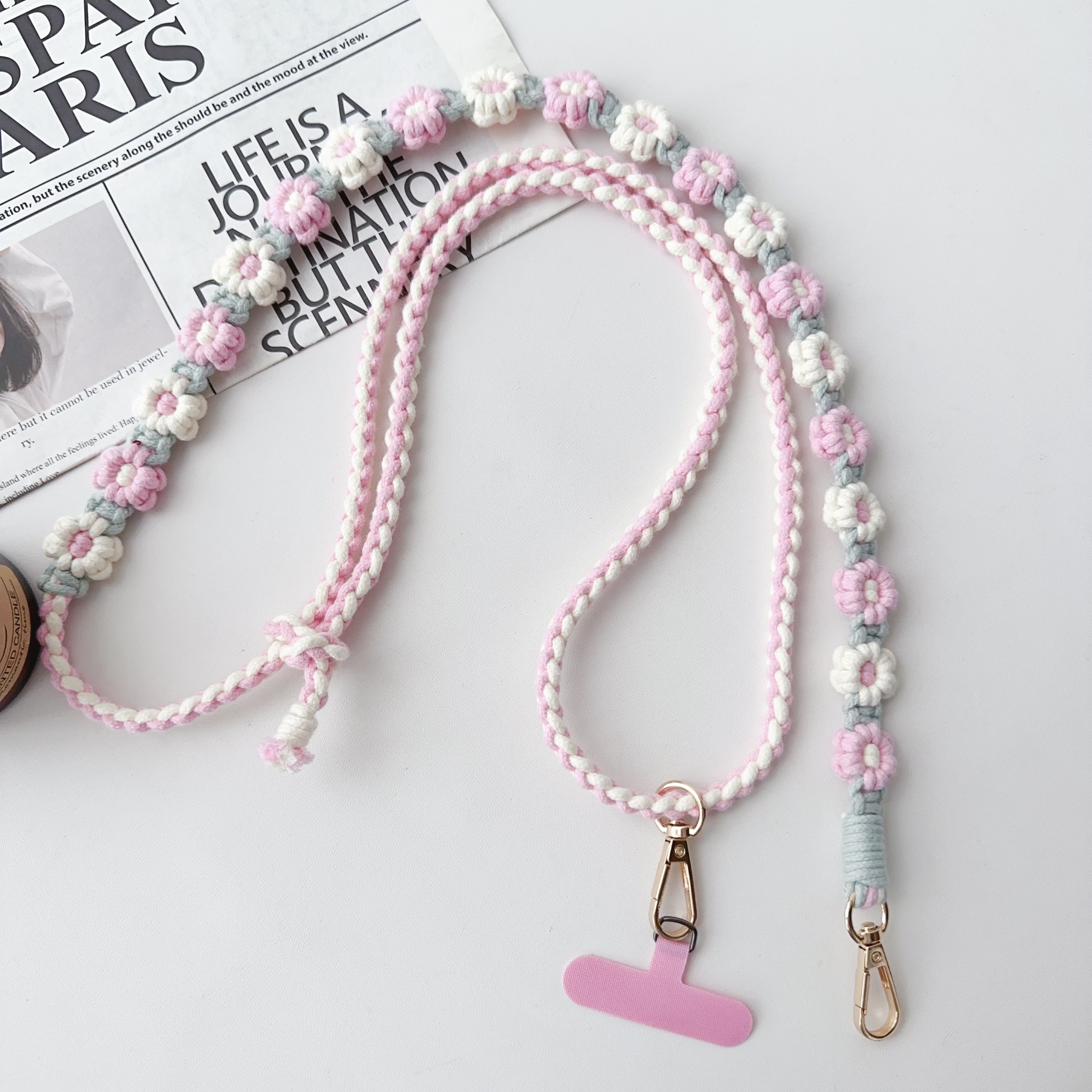 Handgemaakt Madeliefje Verstelbare Lengte Geweven Riem Universele Telefoonband Handgeweven Daisy Bloem Mobiele Telefoon Tas Cross-Body Lanyard: Oranje