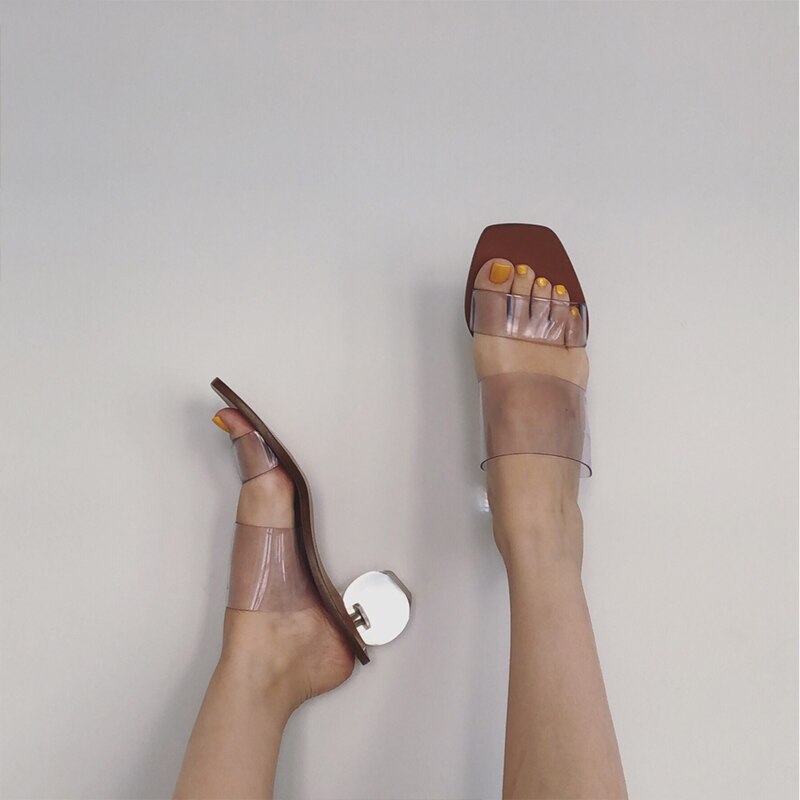 Verano mujer Zapatillas transparente Mujer Sandalias geométricas cristal talón cuadrado Toe playa señoras Casual zapatos mujer