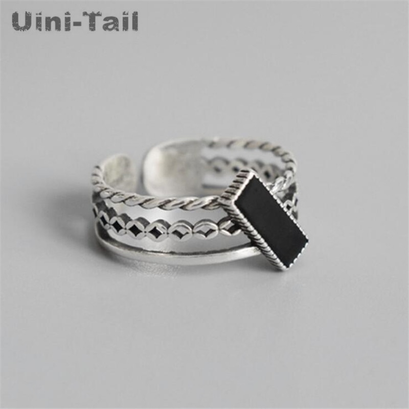 Uini-tail offre spéciale 925 en argent Sterling trois couches torsion anneau ouvert Simple rétro noir époxy rectangulaire bijoux